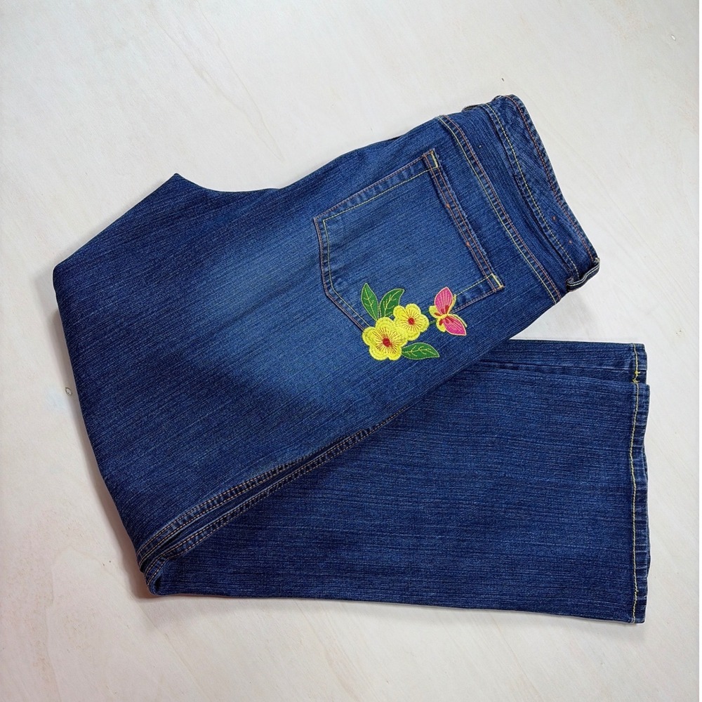 Y2K CJ Blue Womens Dark Wash Flared Jeans Embroidered Butterfly Floral Size 12